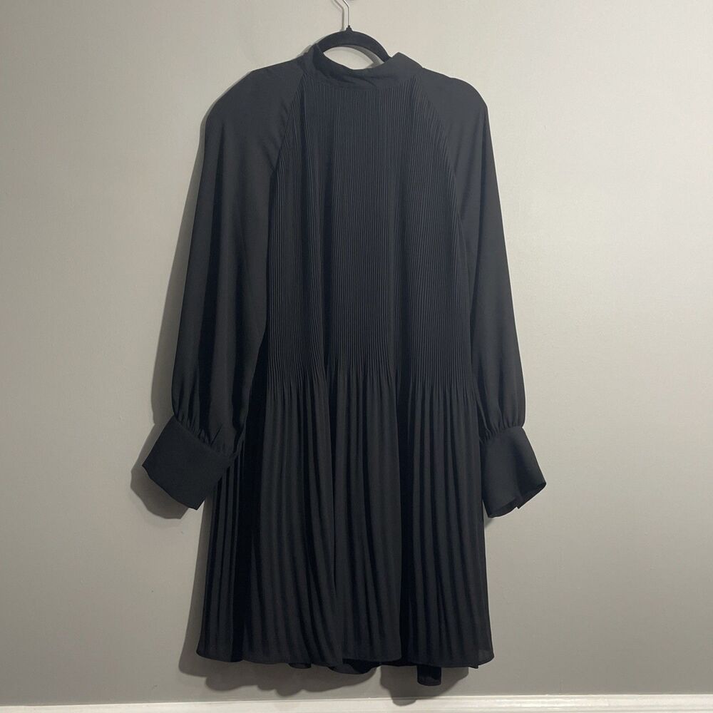 H&M Black Long Sleeve Pleated Midi Dress L  Timeless Sophisticated Office